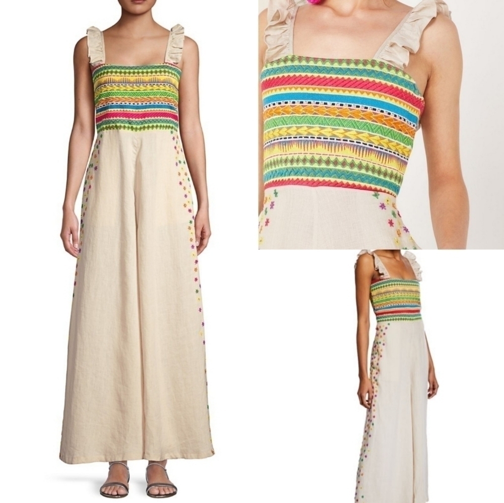 All Things Mochi Linen Embroidered Wide-Leg Split Hem Elena Jumpsuit XS